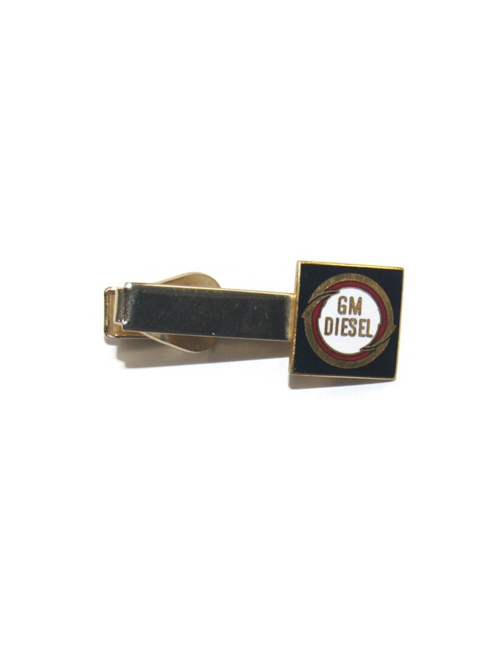 Vintage Gold Tone, Black and White Enamel GM Diesel Logo Tie Clip.